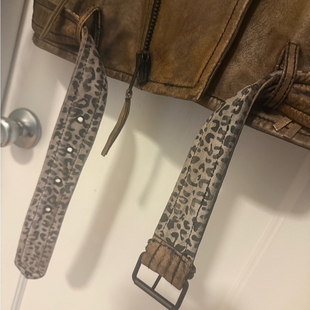 Free People We The Free Over You Brown Oversized Leather Leopard Moto Jacket - Picture 12 of 13